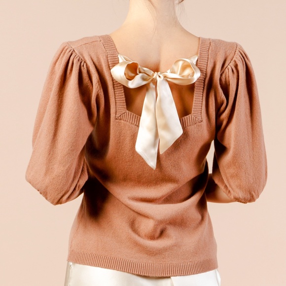 Cozure Sweaters - Puff Sleeve Cashmere Sweater w Silk Bow, Square Neck Knit, Silk Bow Tie Back